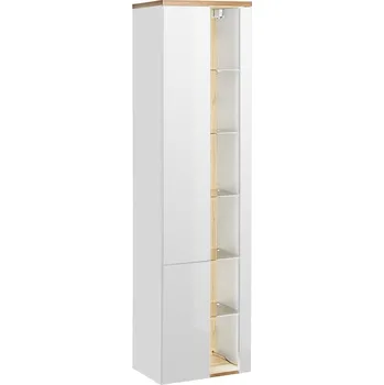 Koupelnový nábytek Vysoká koupelnová skříňka Bahama white - bílá / bílý lesk / dub wotan