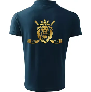 Pánská košile Lev s hokejkami - zlatý potisk - Polokošile pánská Pique Polo 203 - 4XL ( Námořní modrá (velmi tmavá - téměř černá) )