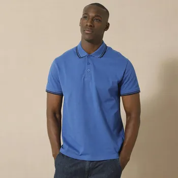 Pánské tričko Polo tričko z piké úpletu, s krátkými rukávy a s proužky na rukávech a límečku modrá 97/106 (L)