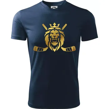 Lev s hokejkami - zlatý potisk - Dětské triko sportovní (dresovina) - 158 cm/12 let ( Námořní modrá (velmi tmavá - téměř černá) )