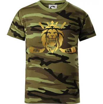 Chlapecké tričko Lev s hokejkami - zlatý potisk - Dětské maskáčové triko - 146 cm/10 let ( Zelený maskáč )