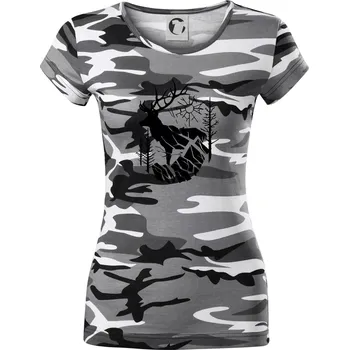 Dámské tričko Jelen v lese křivky - Dámské maskáčové triko - M ( Šedý maskáč )