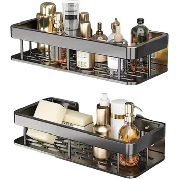 Držák na ručník 2 ks obdélníkové koupelnové police 30x13 cm Nerezové nástěnné organizéry Bez vrtání Samolepicí sprchové police na kosmetiku černá