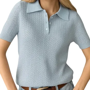 Dámské tričko s límečkem Elegantní háčkovaný vzor Krátký rukáv Prodyšný úpletový materiál Lehký top Vzdušné provedení na léto modrá M