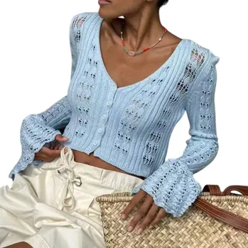 Dámské háčkované tričko s dlouhým rukávem Elegantní prodyšný svetr s knoflíky Lehký letní svršek Vintage romantický styl modrá L