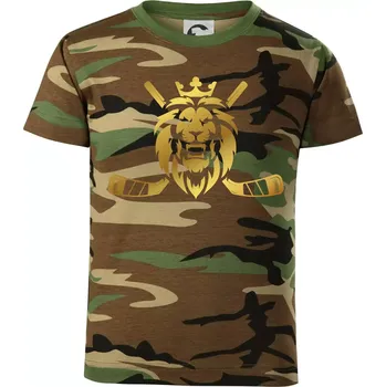 Lev s hokejkami - zlatý potisk - Dětské maskáčové triko - 122 cm/6 let ( Hnědý maskáč )