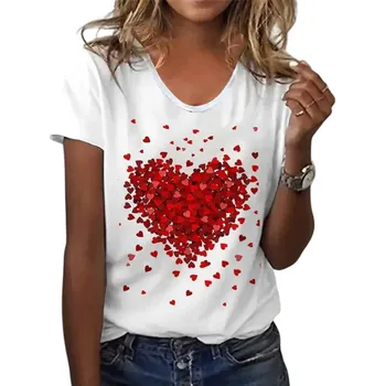 Dámské tričko Bílé dámské tričko s krátkým rukávem Potisk červených srdcí do tvaru srdce Romantický motiv Valentýn Láska Ležérní volnočasový styl XS