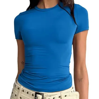 Dámské tričko Krátké tričko s kulatým výstřihem Přiléhavý střih Bavlněný materiál Jednoduchý basic top na léto Módní tričko ke kalhotám i sukni modrá S