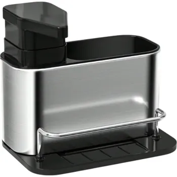 Stojan na víno Dávkovač mýdla 3 v 1 z nerezové oceli s organizérem na houbičku a kartáče Kuchyňský stojan k dřezu s pumpičkou 19×18×13 cm