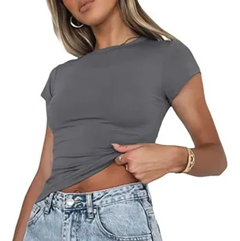 Krátké tričko s kulatým výstřihem Přiléhavý střih Bavlněný materiál Jednoduchý basic top na léto Módní tričko ke kalhotám i sukni šedá S