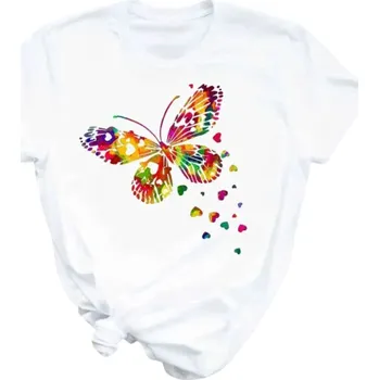 Dámské tričko Dámské tričko s krátkým rukávem Barevný motýl Srdíčka Letní top s potiskem Ležérní pohodlný střih Volnočasové tričko s motivem bílá XL