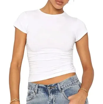 Dámské tričko Krátké tričko s kulatým výstřihem Přiléhavý střih Bavlněný materiál Jednoduchý basic top na léto Módní tričko ke kalhotám i sukni bílá M