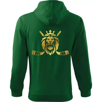 Pánská mikina Lev s hokejkami - zlatý potisk - Mikina s kapucí na zip trendy zipper - 3XL ( Lahvově zelená )