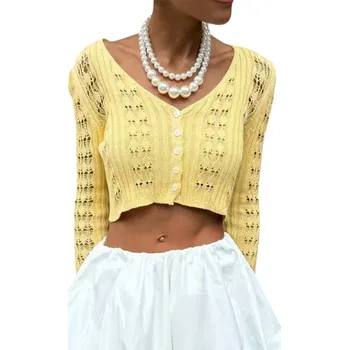 Dámské oblečení Dámské háčkované tričko s dlouhým rukávem Elegantní prodyšný svetr s knoflíky Lehký letní svršek Vintage romantický styl žlutá M