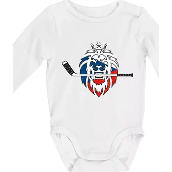 Kojenecké oblečení Lev s hokejkou v tlamě - Česká vlajka - Body kojenecké s dlouhým rukávem - Dlouhý r. 6-12 měs ( Bílá )