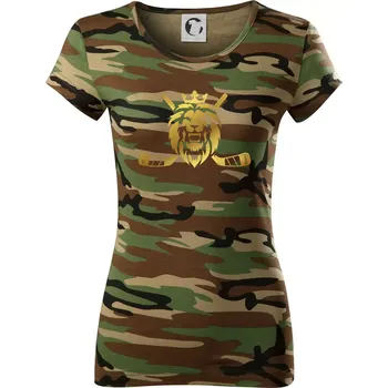 Dámské tričko Lev s hokejkami - zlatý potisk - Dámské maskáčové triko - XS ( Hnědý maskáč )