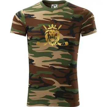 Pánské tričko Lev s hokejkami - zlatý potisk - Army CAMOUFLAGE - XS ( Hnědý maskáč )