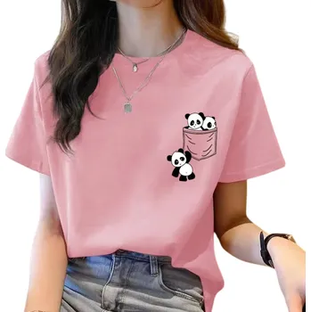 Dámské tričko Dámské tričko s krátkým rukávem Roztomilý potisk pand v kapse Volnočasové pohodlné tričko s kulatým výstřihem Originální motiv pro milovnice zvířat růžová XL