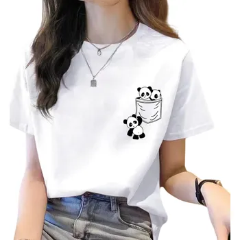 Dámské tričko Dámské tričko s krátkým rukávem Roztomilý potisk pand v kapse Volnočasové pohodlné tričko s kulatým výstřihem Originální motiv pro milovnice zvířat bílá M