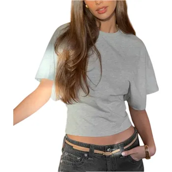 Dámské tričko s krátkým rukávem Volný střih Módní top Elegantní tričko do pasu Pohodlné tričko pro každodenní nošení Styl basic šedá S