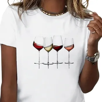 Dámské tričko Bílé dámské tričko s potiskem vinných sklenic Čtyři typy vína Stylové tričko pro milovnice vína Vtipný motiv Krátký rukáv Pohodlné nošení XL