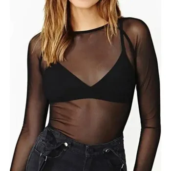Dámské tričko Černé dámské průhledné tričko s dlouhým rukávem Sexy elastický top z jemné síťoviny Elegantní průsvitné tričko pro večerní outfit S