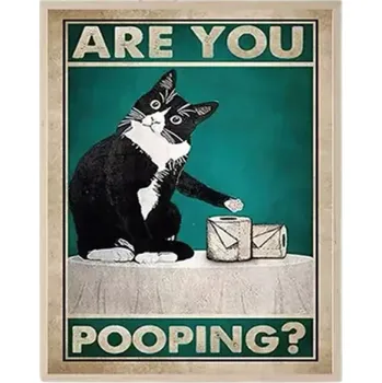 Obraz Retro plakát 30x40 cm Vtipná černá kočka s toaletním papírem Humorná dekorace do koupelny Zvířecí ilustrace na stěnu Bez rámu