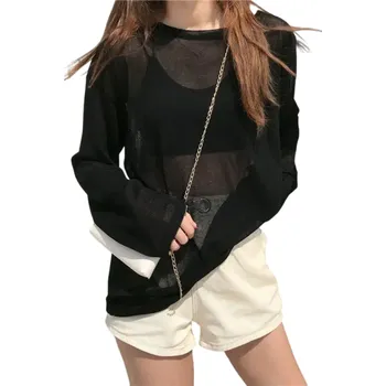 Dámské tričko Dámské tričko s průsvitným dlouhým rukávem Volný letní střih Lehký vzdušný materiál Stylový basic top pro vrstvení i samostatné nošení černá M