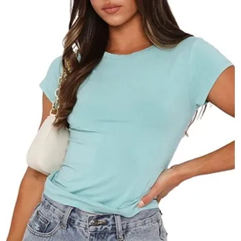 Dámské tričko Krátké tričko s kulatým výstřihem Přiléhavý střih Bavlněný materiál Jednoduchý basic top na léto Módní tričko ke kalhotám i sukni světle modrá L