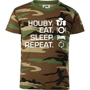 Chlapecké tričko Houby Eat Sleep Repeat - Dětské maskáčové triko - 104-110cm / 3-4 roky ( Hnědý maskáč )
