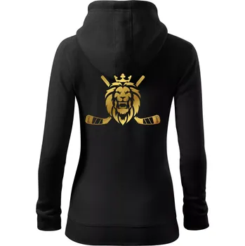 Dámská mikina Lev s hokejkami - zlatý potisk - Dámská mikina trendy zipper s kapucí - 2XL ( Černá )