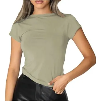 Krátké tričko s kulatým výstřihem Přiléhavý střih Bavlněný materiál Jednoduchý basic top na léto Módní tričko ke kalhotám i sukni olivová L