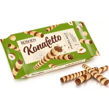 Cukrovinka Oplatkové trubičky ROSHEN 140 g KONAFETTO - oříškové (ROSHEN oplatkové trubičky s lískoořechovou náplní)