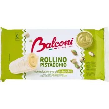 6x piškotová roláda BALCONI ROLLINO 222 g AL PISTACCHIO - s kakaovou polevou a pistáciovou náplní (6-pack) (Cukrářský výrobek s mléčnou polevou a pistáciovou náplní)