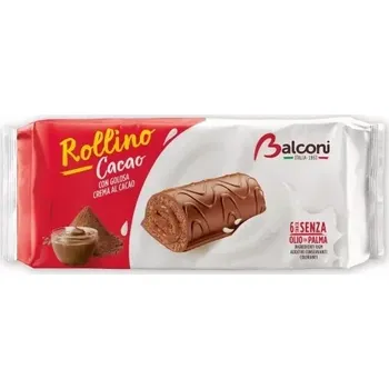 6x piškotová roláda BALCONI ROLLINO 222 g AL CACAO - s kakaovou polevou a kakaovou náplní (6-pack) (Cukrářský výrobek s kakaovou polevou a kakaovou náplní)