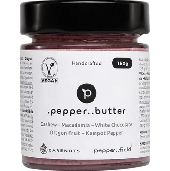 Kešu máslo s makadamovým oříškem, bílou čokoládou, dračím ovocem a Kampotským pepřem 150 g