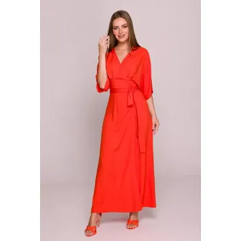 Dámské šaty S406 Viskózové maxi šaty se zavinovacím vzorem - korálová barva EU L