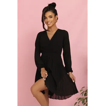 Dámské oblečení 313-17 ISABELLE Polsko plisované šaty s dlouhými rukávy a výstřihem - BLACK S