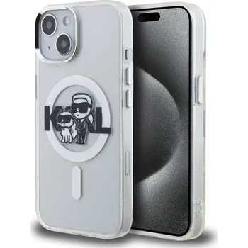 Náhradní kryt pro mobilní telefon Karl Lagerfeld IML Glitter Karl and Choupette Sketch MagSafe zadní kryt pro iPhone 15 Transparent