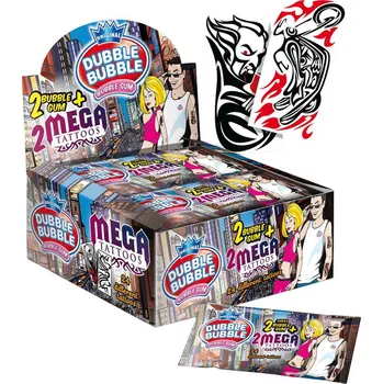 Tetování Žvýkačky DUBBLE BUBBLE 8 g - MEGA TATTOOS CITY - 2 x žvýkačka + 2 tetování - balení 24 ks (2x žvýkačka & 2x tetování / kolekce 24 tetovaček / tetování 17 x 8 cm ! / jahodová příchuť)