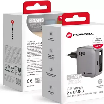 F-ENERGY GaN III VT-R5 cestovní nabíječka s výsuvným kabelem typu C a nabíjecím portem typu C PD QC4.0 3A 45W šedá