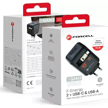 F-ENERGY GaN III VT-R7 cestovní nabíječka s výsuvným kabelem typu C a 1x typ C, 1x USB A nabíjecí porty PD QC4.0 3A 70W šedá