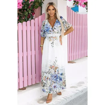 Dámské šaty 613-1 CELINA Vzdušné maxi šaty s obálkovým výstřihem, páskem a květinovým ombre - MODRÉ UNI