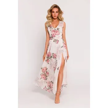 Dámské šaty Dámské šifonové šaty M781 model 2 Ecru s květy - MOE ecru s květy S