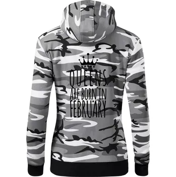 Dámská mikina Queens are born in February - Dámská mikina trendy zipper s kapucí - S ( Šedý maskáč )