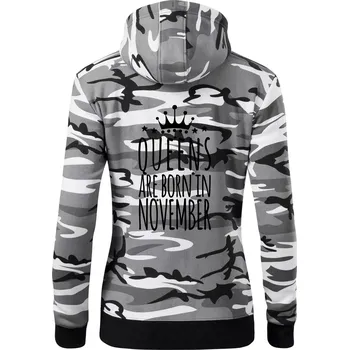 Dámská mikina Queens are born in November - Dámská mikina trendy zipper s kapucí - M ( Šedý maskáč )