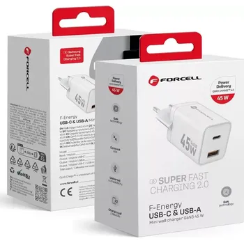 F-ENERGY Mini GaN III VT-36 cestovní nabíječka s 1 x zásuvkou typu C + 1x USB A, PD QC4.0 45W bílá
