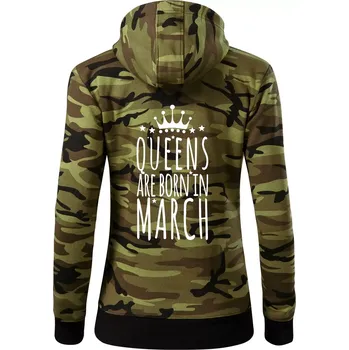 Dámská mikina Queens are born in March - Dámská mikina trendy zipper s kapucí - S ( Zelený maskáč )