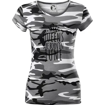 Dámské tričko Queens are born in June - Dámské maskáčové triko - XS ( Šedý maskáč )