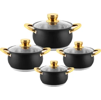 Hrnec Haus Roland Sada nerezového nádobí, 8dílná, černá matná, se zlatými úchyty